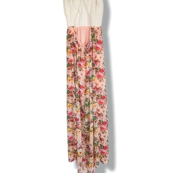 Pink Floral Maxi Dress White Crochet Bustier Partially Open Back Speghetti Strap - Picture 3 of 10